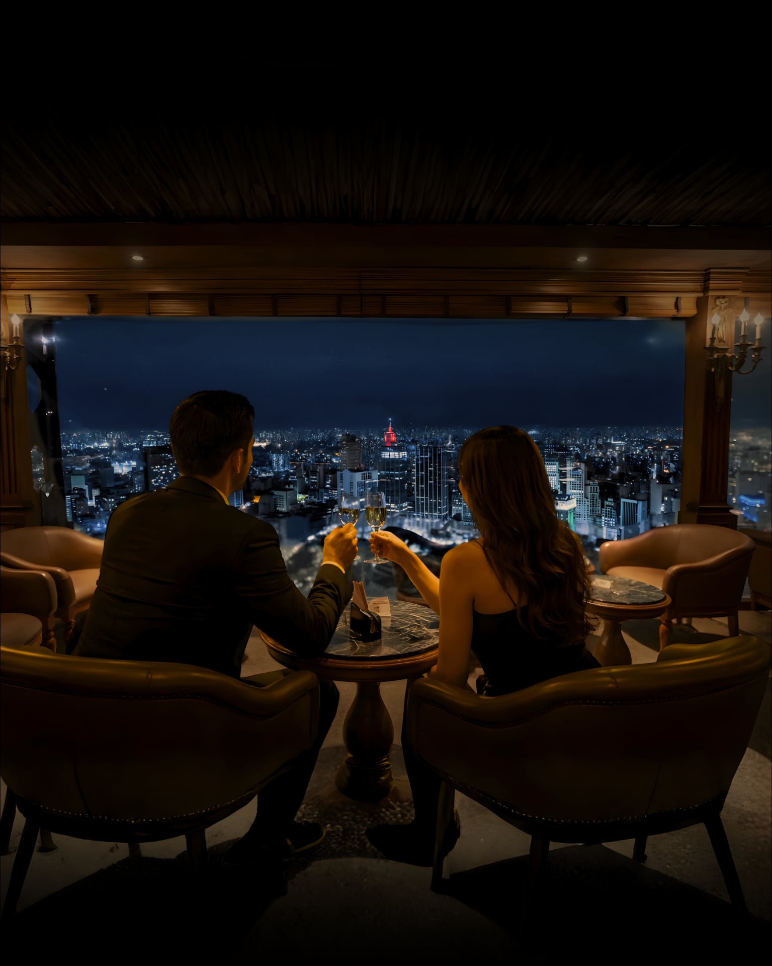 Casal brindando em jantar romântico no Terraço Itália